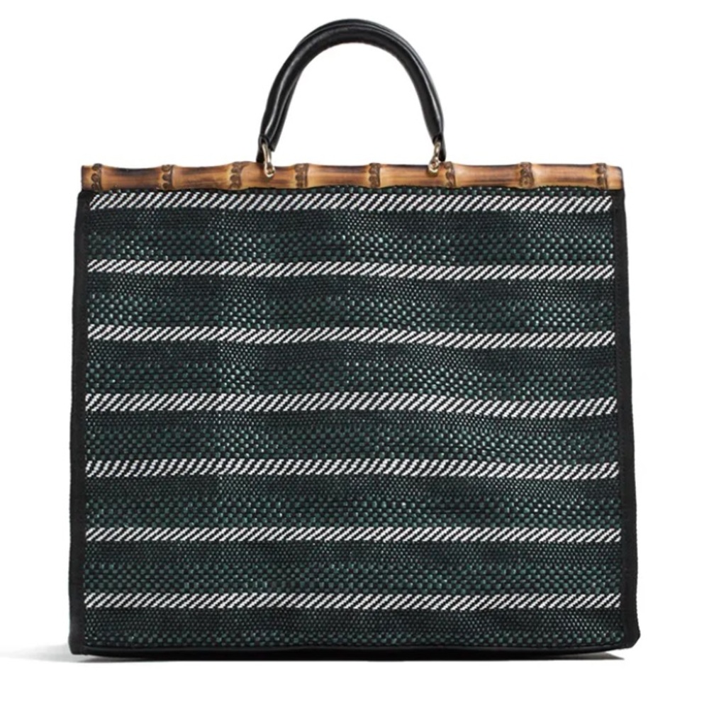 Zara Green Striped Straw Tote Bag